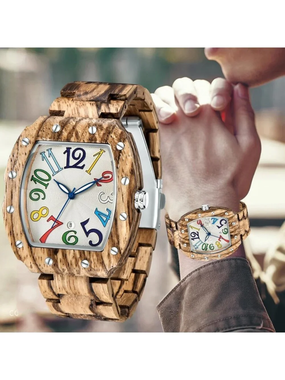 Men's Brown White Classic Handmade Square Bamboo Analog Date Quartz Wooden Watch